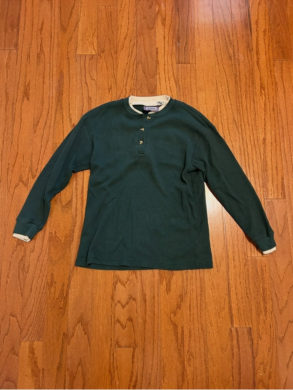 Vintage Premier International Dark Green Thermal Henley Long Sleeve Cozy Top M - Picture 2 of 6